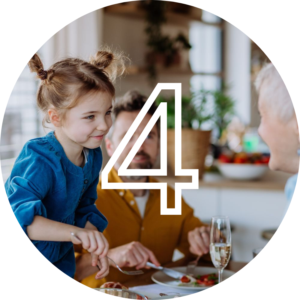 family enjoying meals together, with #4 text