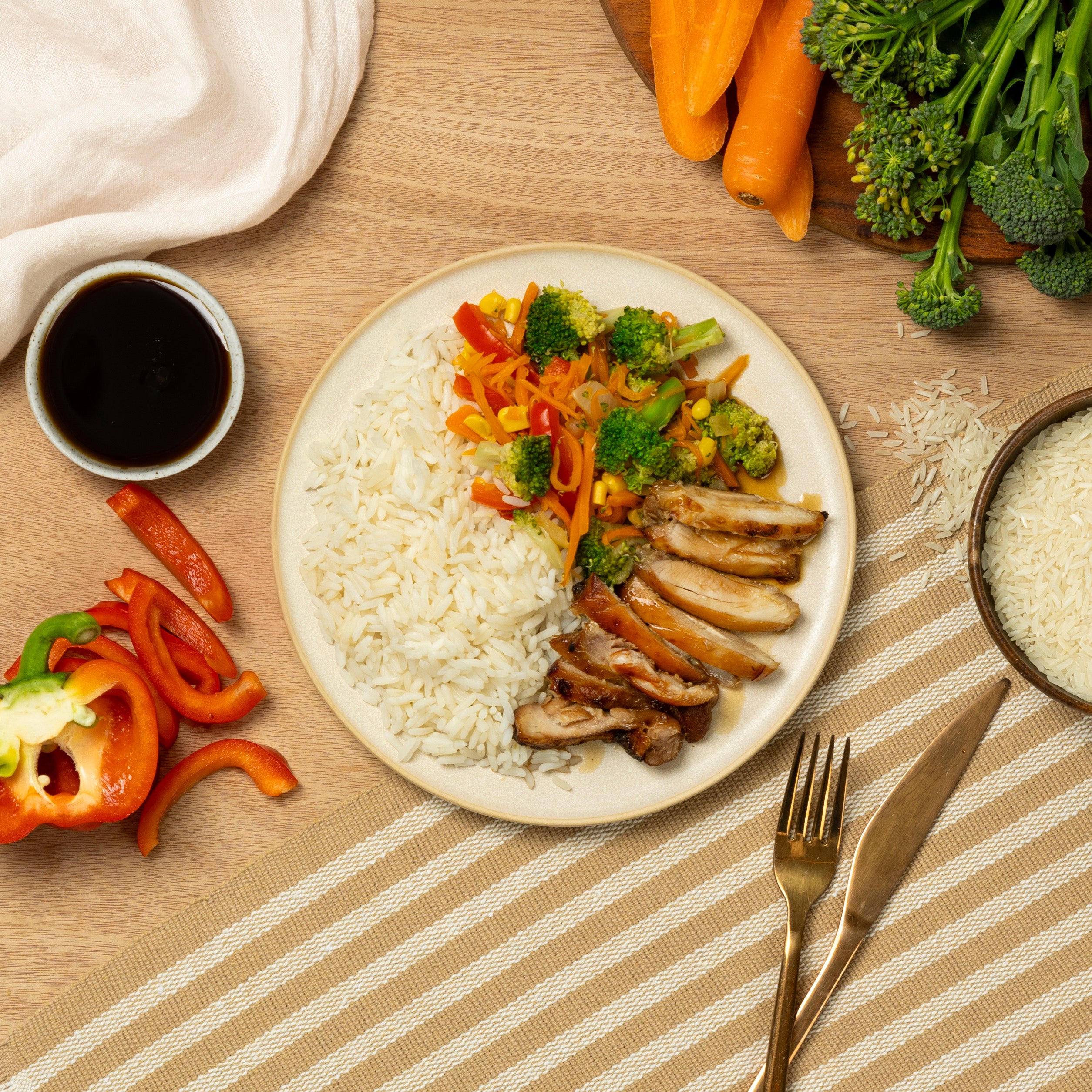 Chicken Teriyaki and Rice with Rainbow Vege - ready-made frozen meal by Delicious and Done NZ, serving suggestion
