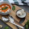 Tomato & Basil Soup with a drizzle of cream and fresh basil